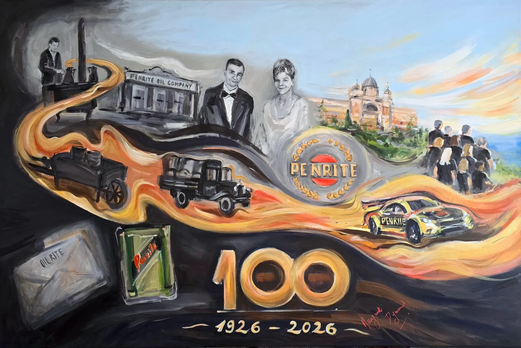 Penrite centenary painting by Olga Dziemidowicz, bringing together a century of motoring history