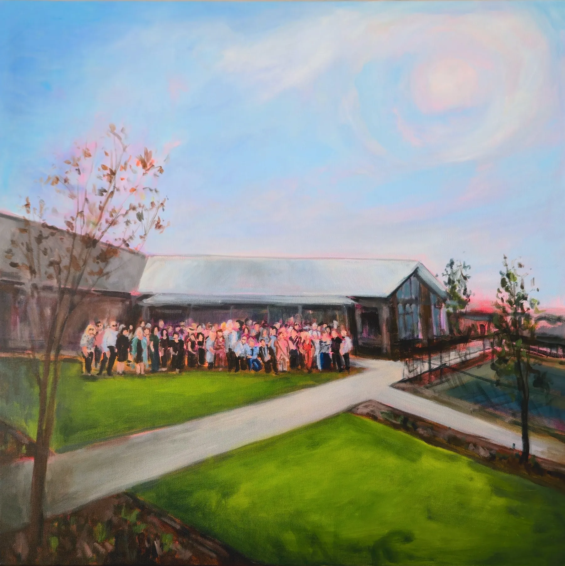 Painting of a community gathering outside a clubhouse