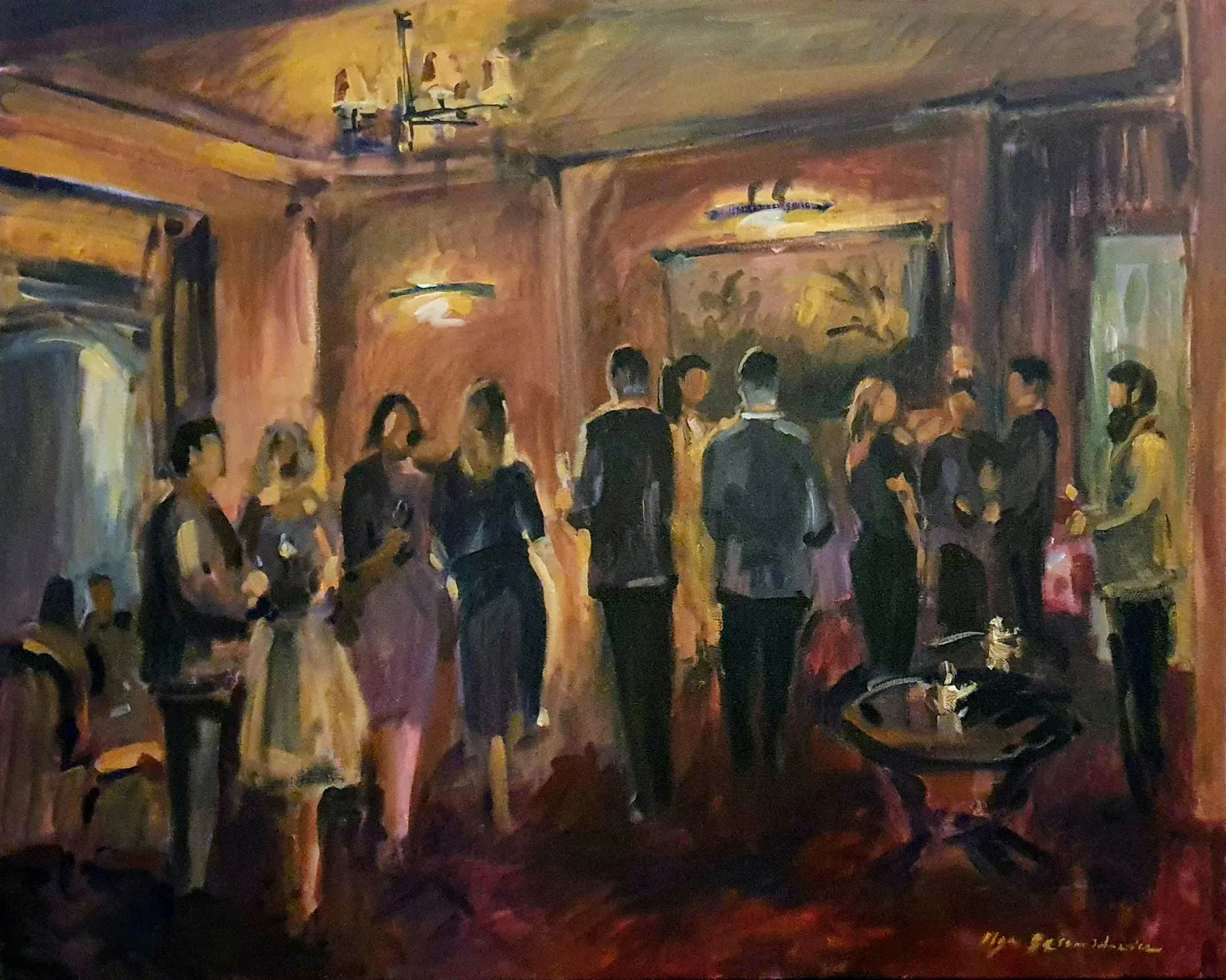 Painting of guests gathered in a warmly lit interior