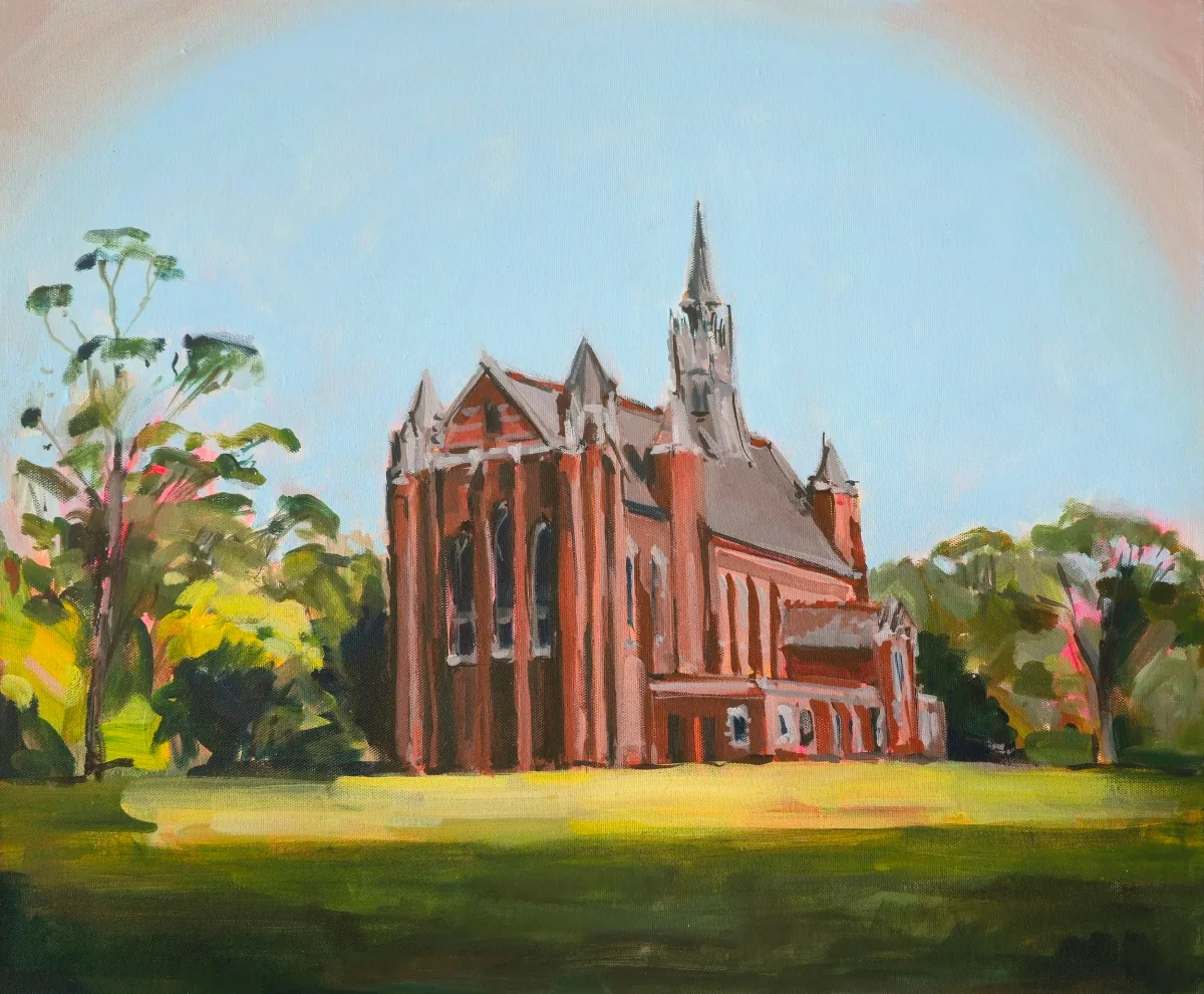A live painting capturing the Chapel at Trinity College Melbourne, painted during an event